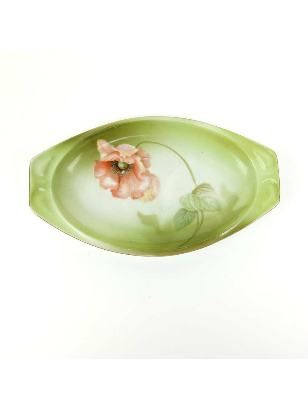 Antique RS Germany Porcelain Trinket Dish Pink Poppy Flower Green Oval Flat Tray